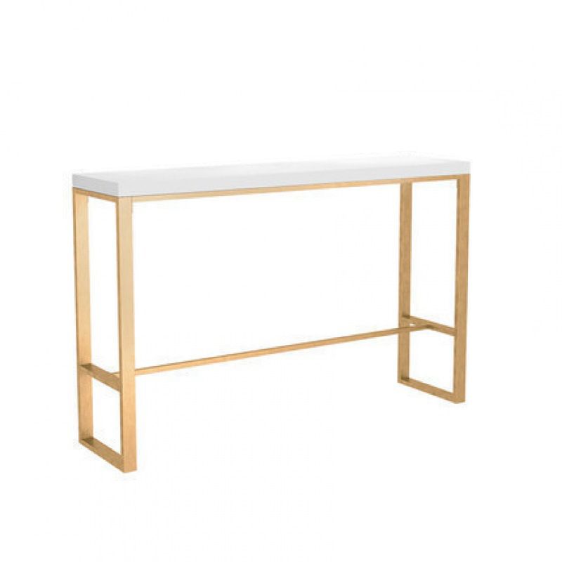 White Solid Wood Bar Table Gold and Metal Base Bar Table for Kitchen Living Room