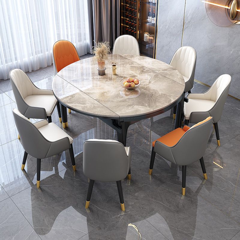 Modern Extendable Grey Stone Top Dining Table with 4 Black Steel Legs