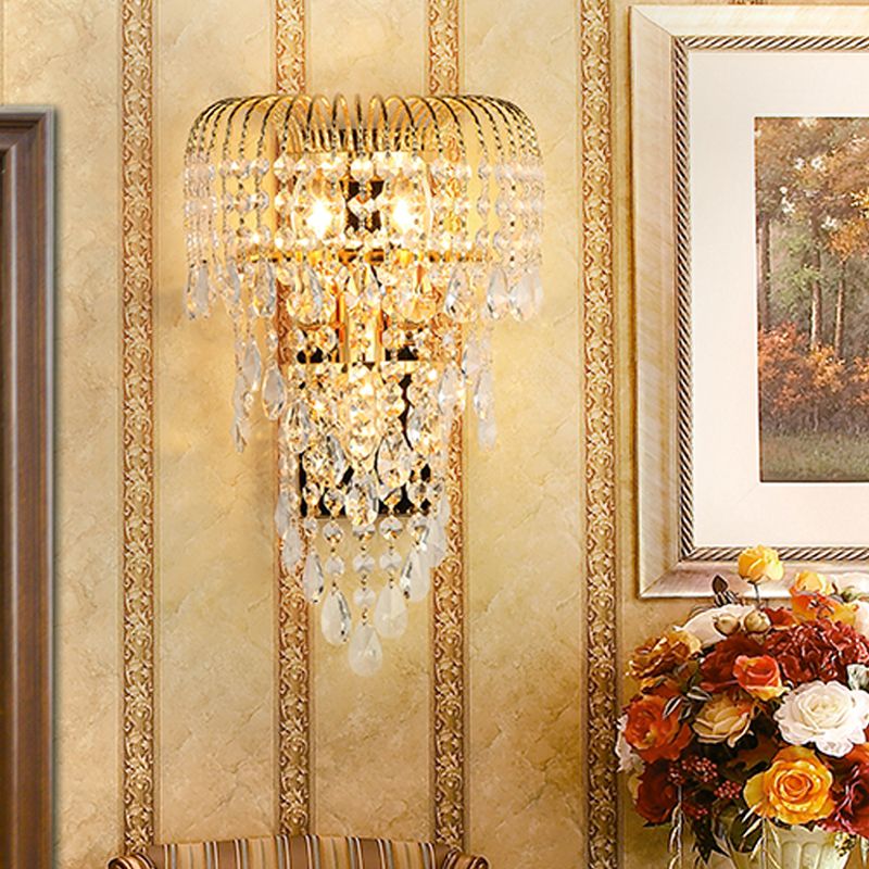 Cascading Crystal Strand Wall Lamp Traditional 3 Lights Living Room Sconce Light in Gold