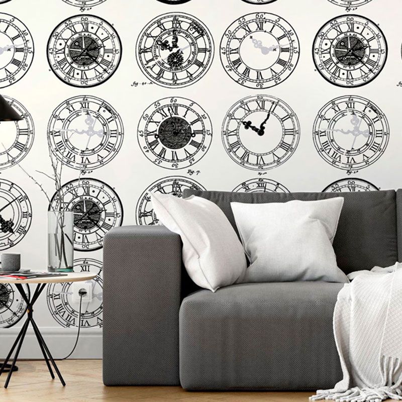 Non-Pasted Wallpaper Roll with Black and White Wall Clock, 33'L x 20.5"W