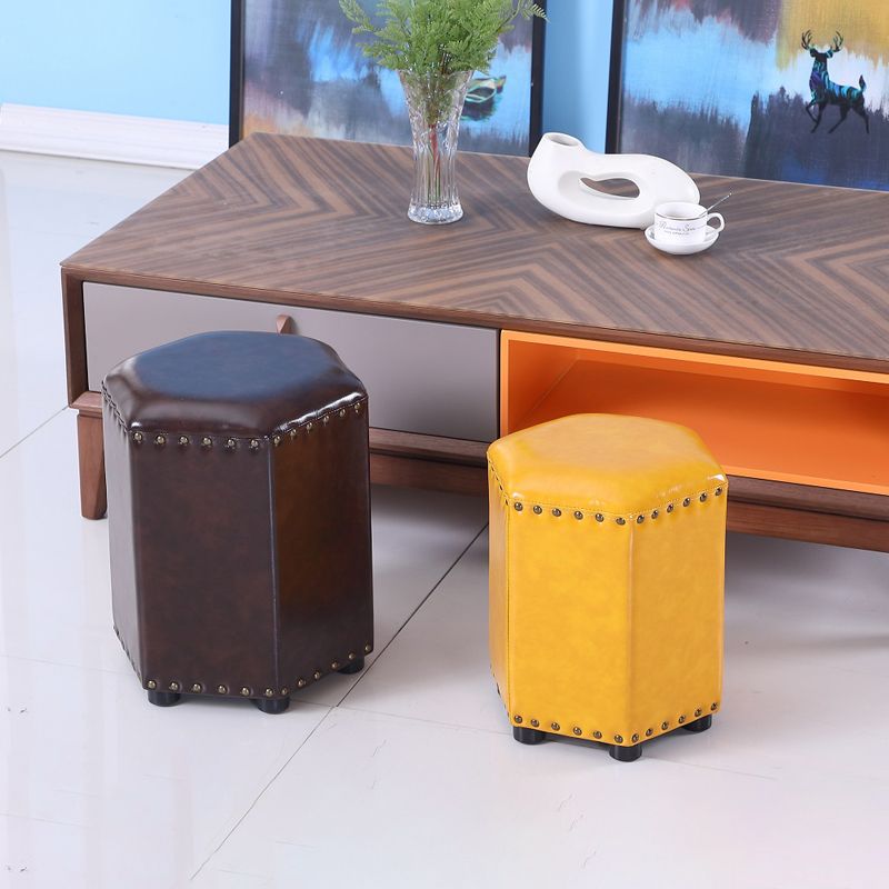 Modern Hexagon Pouf Ottoman Plain Leather Chair Ottoman With Nailhead Trim