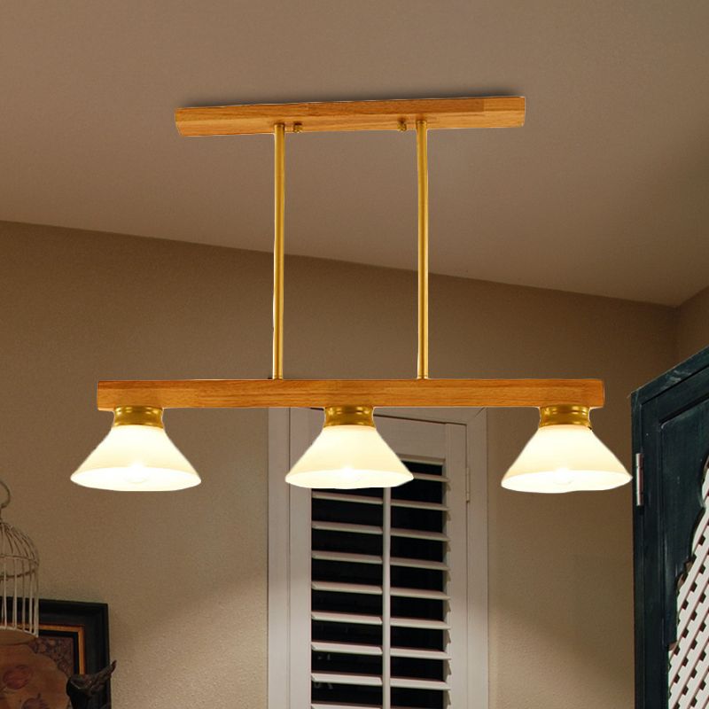 Wooden Cone Shade Island Chandelier 3/4 Heads Nordic Style Linear Pendant Light over Kitchen Island