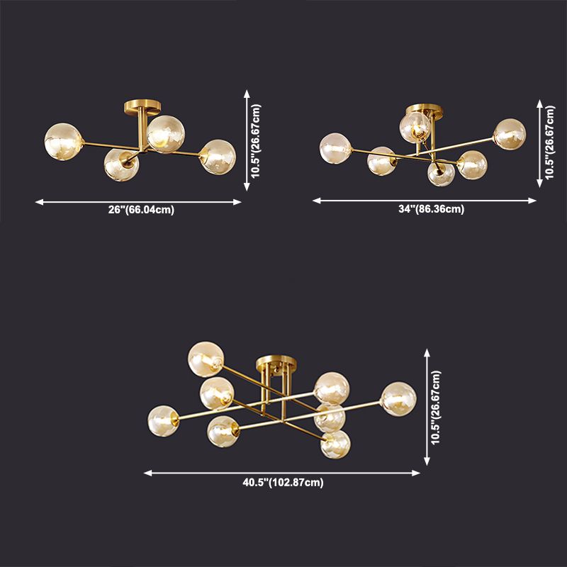 Gold Globe Semi-Flush Light Fixture Modern Glass Shade Ceiling Lamp Fixture