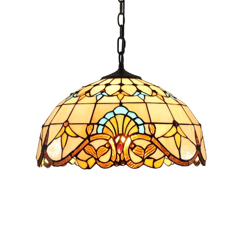 Stained Glass Dome Suspension Lighting Tiffany 1-Light Beige Pendant for Dining Room