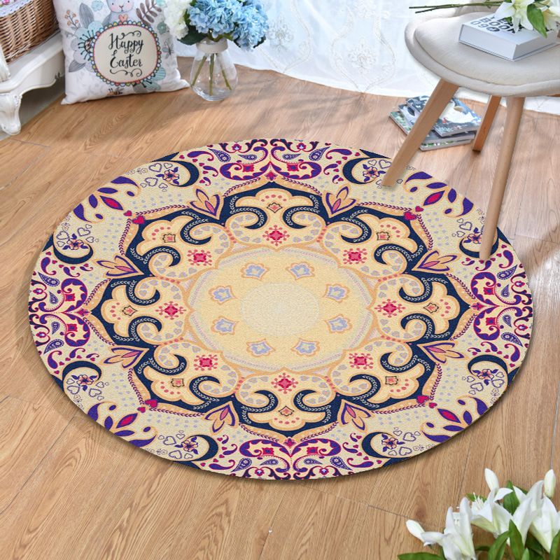 Ethnic Multi Colored Print Rug Polyester Persian Rug Stain Resistant Machine Washable Anti-Slip Backing Rug for Sitting Room