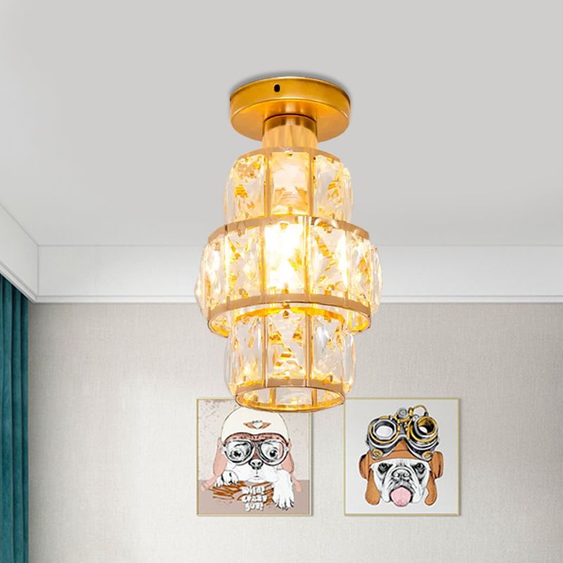 Single Beveled Crystal Inlaid Flush Light Traditional Gold Cylindrical Foyer Semi Flush Mounted Lamp