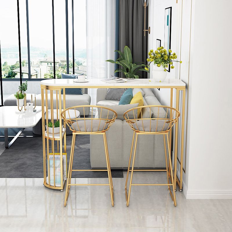 Glam Faux Marble Indoor Pub Bar Table Iron Double Pedestal Bar Dining Table with 2-Shelf