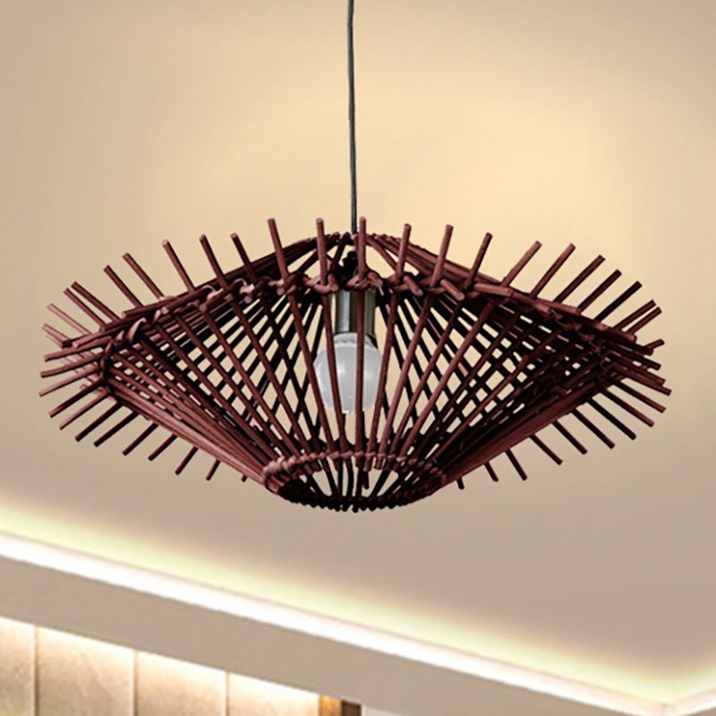 Beige/Brown Disc Pendant Light Rustic Single Bulb Bamboo Hanging Light Fixture for Restaurant Living Room