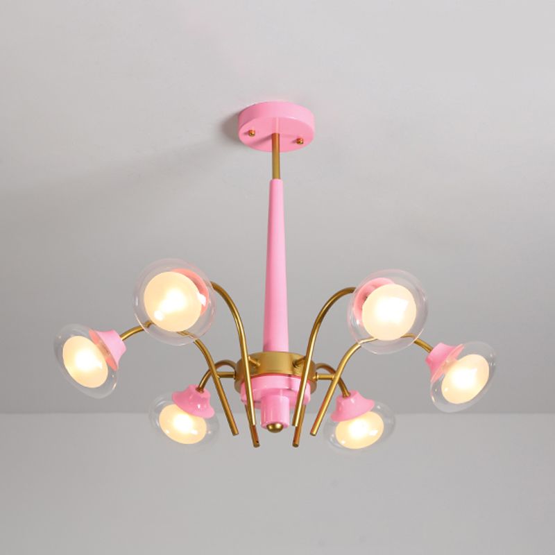 Drooping Hanging Chandelier Macaron Metal 6 Bulbs Kids Bedroom Ceiling Pendant in Pink/Blue with Double Ball Glass Shade