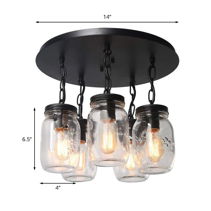 Mason Jar Etched Clear Glass Semi-Flush Industrial 3/5-Bulb Dining Room Light Fixture
