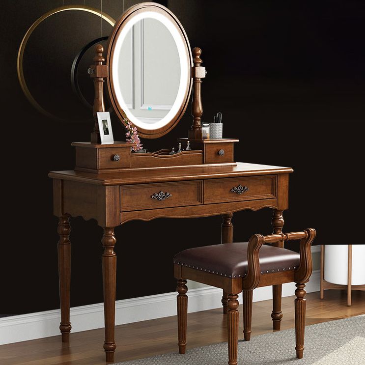 Brown Solid Wood Makeup Vanity with Drawers and Mirror Dressing Table