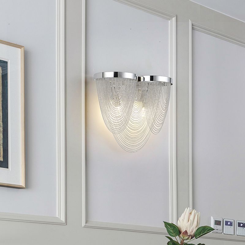 Silver Rippling Tassel Chain Wall Light Modern Vogue 2-Bulb Aluminum Sconce Lighting for Sitting Room