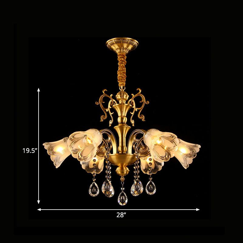 Brass Flower Pendant Chandelier Retro Clear Glass 6 Lights Living Room Hanging Lamp with Crystal Drape