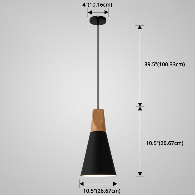 Metal Tapered Hanging Light Nordic Style 1 Light Restaurant Ceiling Pendant Lamp with Wooden Top
