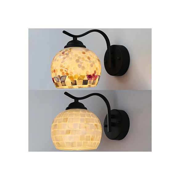 1 Head Sphere Wall Light Fixture Tiffany Beige/Beige-Red Stained Shell Sconce Lighting with Curved Arm