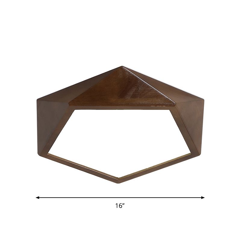 Brown Faceted Pentagon Ceiling Mount Lamp Minimalist 13"/16"/19.5" Wide LED Wooden Flush Lighting