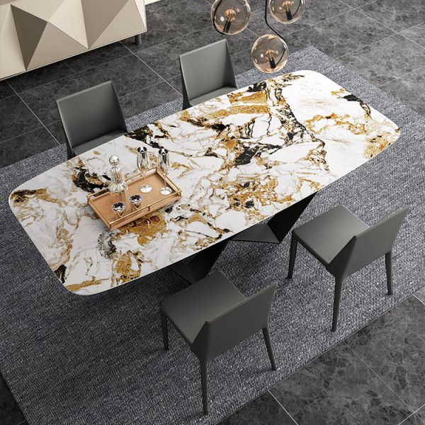 Industrial Style Sintered Stone Table Dining Rectangle Table with Metal Legs for Home Use