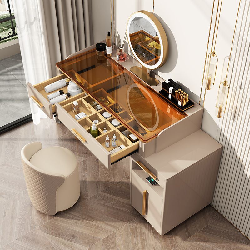 Glass Make-up 15.74" Wide White Vanity Makeup Vanity Desk Table with 3 Drawers