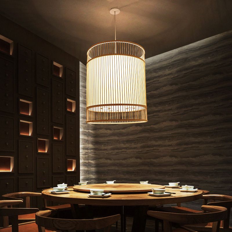 Wood Cylinder Ceiling Light Asian Style 1-Light Bamboo Hanging Light for Restaurant