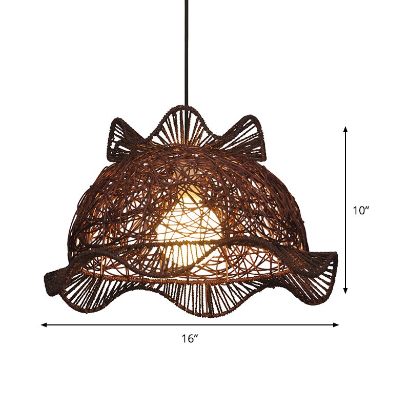 Coffee Ruffle-Edge Bowl Pendant Modernist Single Bamboo Ceiling Suspension Lamp for Dining Room