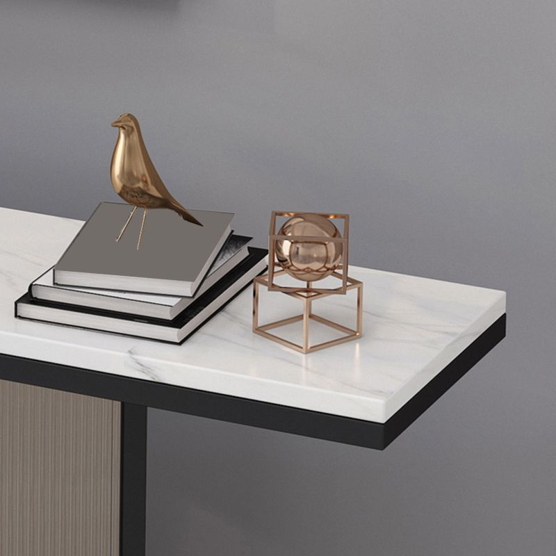 Glam Style Stone Top Console Table with Iron Pedestal Base and Glass