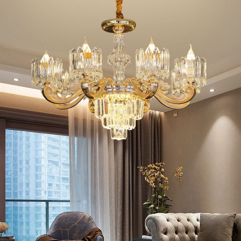 Cylindrical Shaped Living Room Chandelier Light Retro Clear Glass Gold Pendant Light with Layered Crystal Decor
