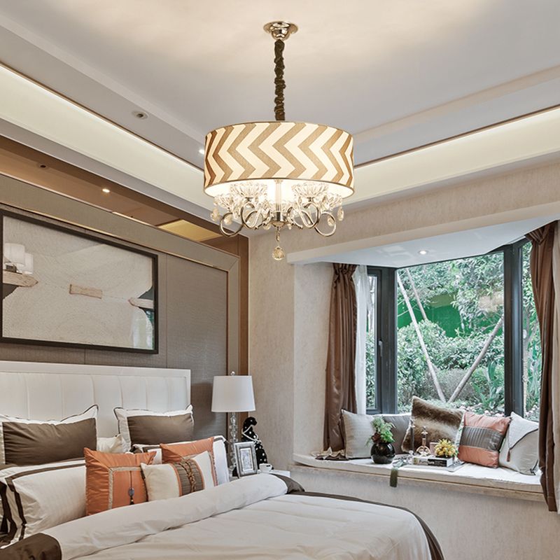 Drum Beige Fabric Chandelier Lamp Traditional 5 Heads Bedroom Hanging Light Fixture with Crystal Drop