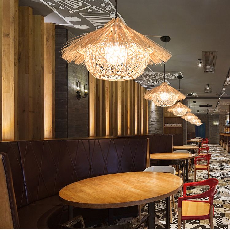 Iluminación Suspendida de Ratán de Granja 1 Bombilla Luz Colgante Asiática para Sala de Té