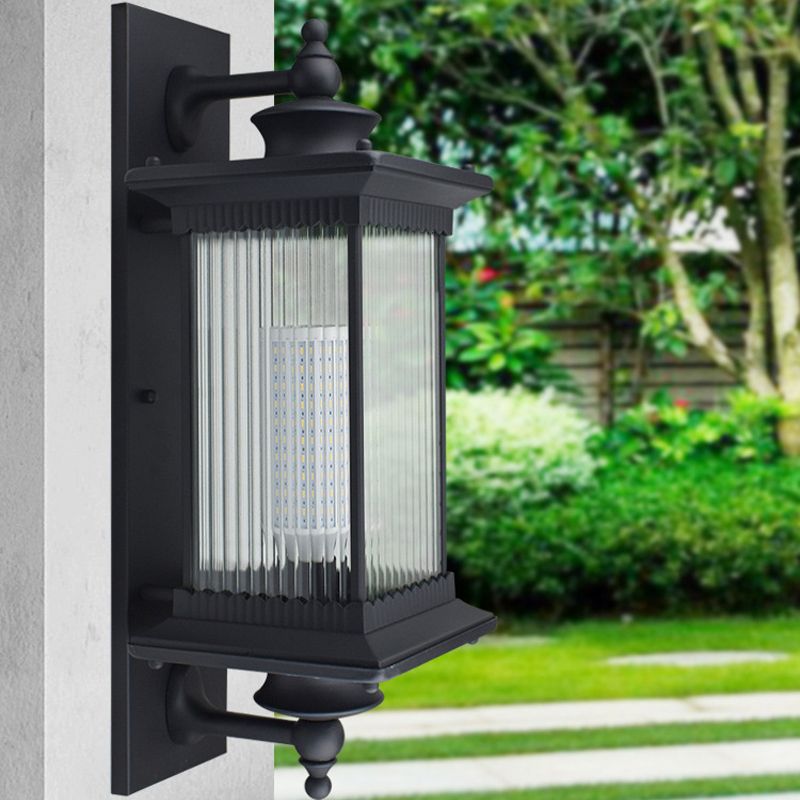 Vintage Rectangle Wall Light Fixture Single-Bulb Ribbed Glass Wall Mounted Lamp for Yard