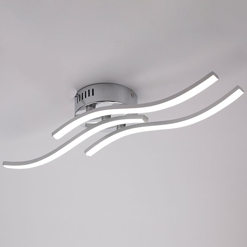 Plafonnier LED en forme de ligne ondulée argentée en métal à 3 lumières, lampe semi-encastrée Art déco pour salle à manger
