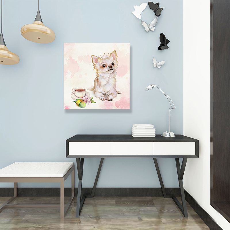 Pet Dog and Coffee Canvas Childrens Art Cute Animals Painting Wall Decor in Pink
