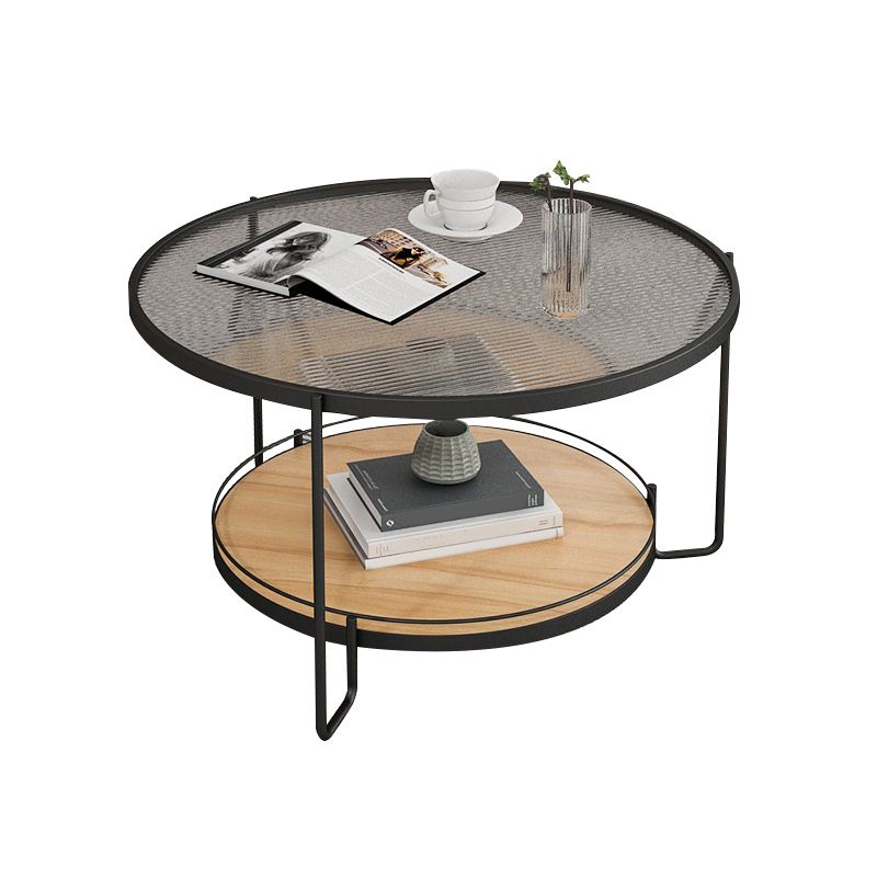 Modern Round Glass Top Cocktail Table with Wooden Shelf and Iron Base