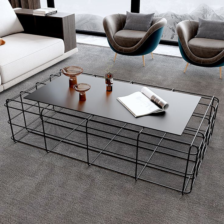 Mid-Century Modern Frame Coffee Table with Iron Top in Black