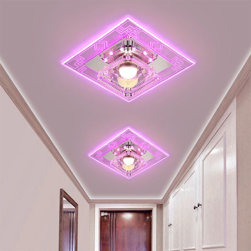 LED Corridor Flush Light Fixture Modern Chrome Close to Ceiling Lamp with Trapezoid Clear Crystal Shade