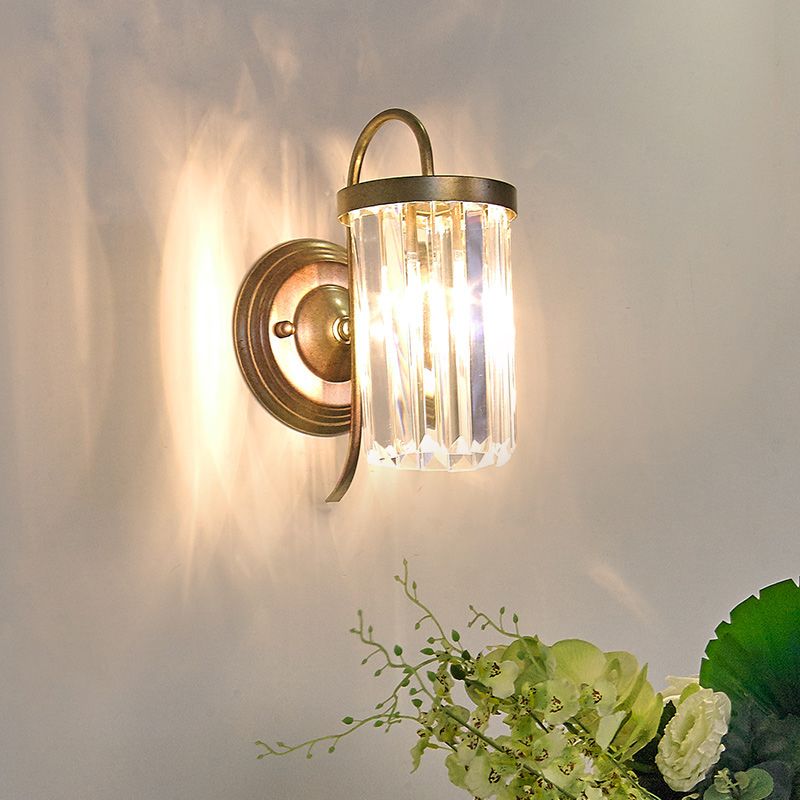 Prismatic Crystal Cylinder Wall Light Fixture Modern 1 Light Gold/Black Wall Mount Light