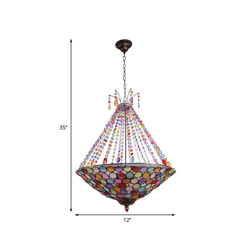 Bohemia Antique Copper Pendant Lighting with Bowl Shade 1/3/5-Bulb Crystal Ceiling Hanging Light