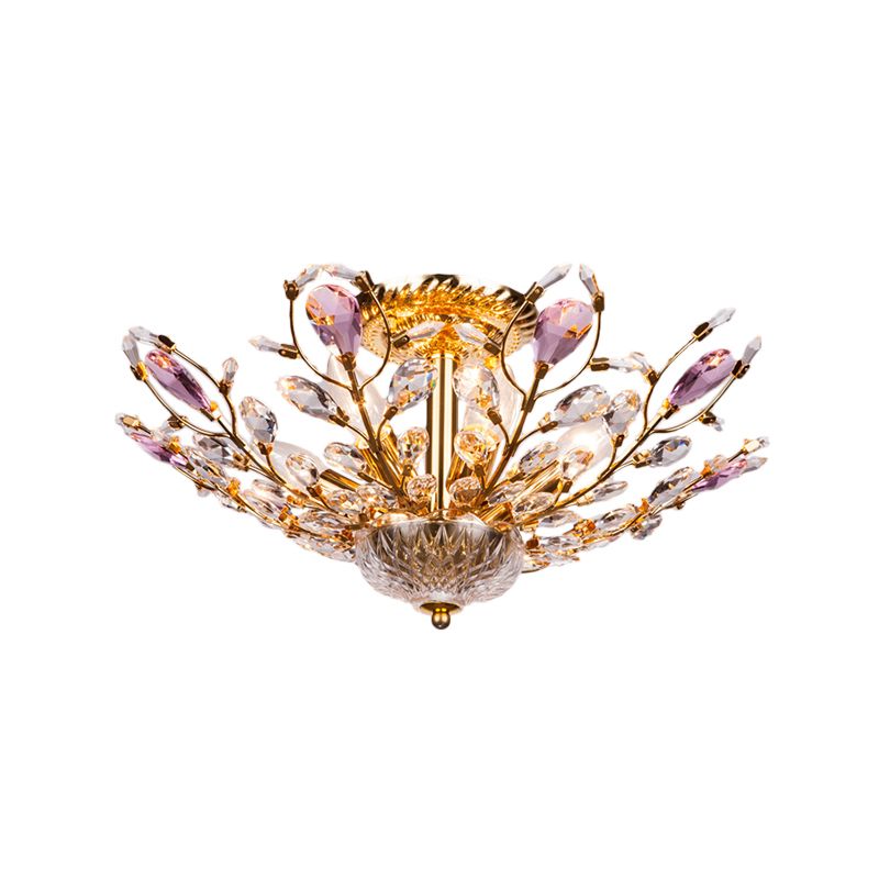 Metallic Peacock Tail Semi Flush Ceiling Light Modern 6 Lights Gold/Chrome Ceiling Mounted Fixture with Crystal Drops