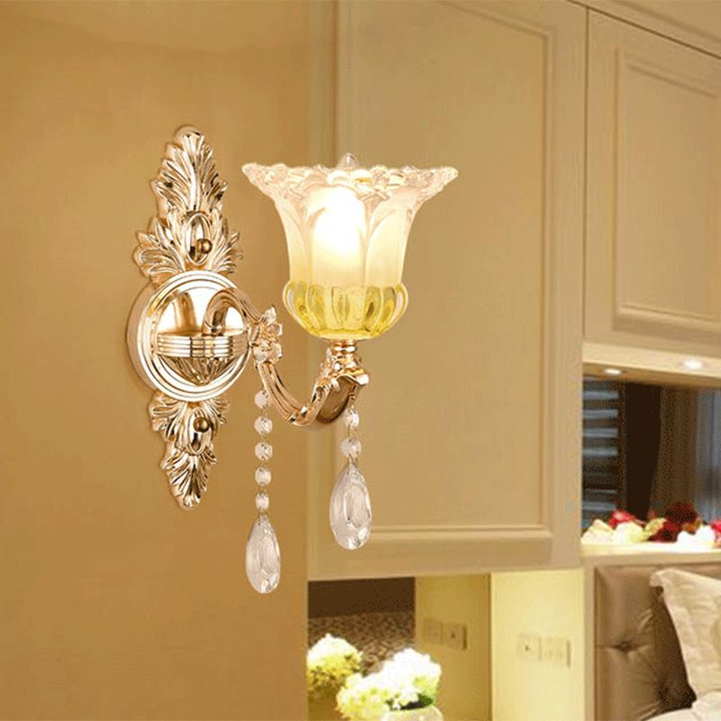 1/2 Heads Frosted Glass Wall Sconce Traditionalist Gold Flower Living Room Wall Mounted Light with Crystal Draping