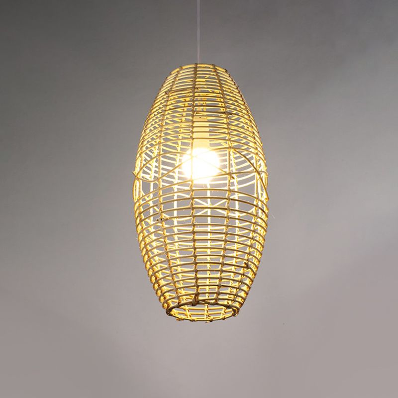 Hand Braided Ellipse Bistro Pendant Lamp Bamboo 1 Bulb Chinese Hanging Light in Beige