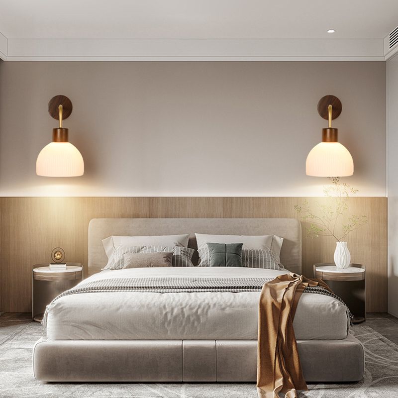 1-Light Wall Lamp Modern Wooden Wall Mount Lamp with Glass Shade for Living Room