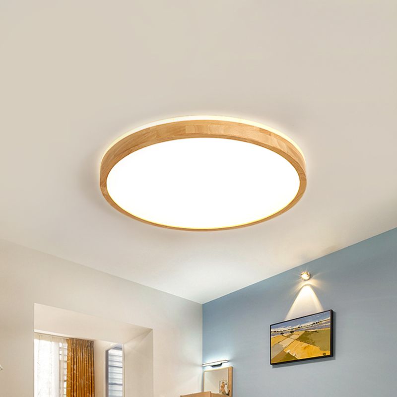 Wood Circular Flush Light Fixture Minimalist 12"/15"/19" Width LED Beige Ceiling Flush Mount