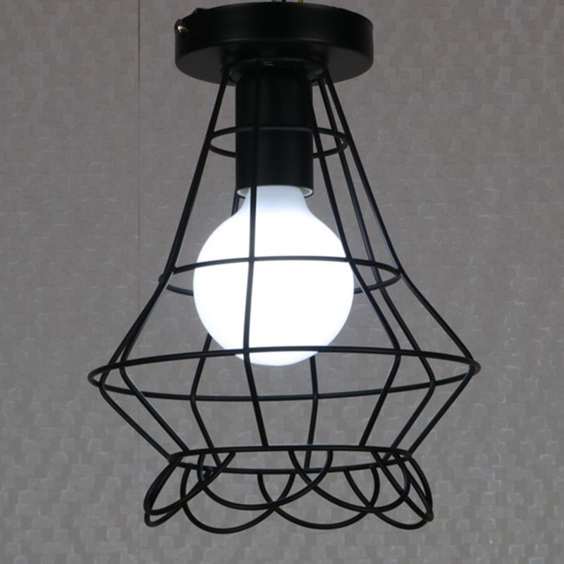 Black 1-Light Semi Flush Ceiling Light in Industrial Vintage Style Wrought Iron Flush Mount with Iron Frame