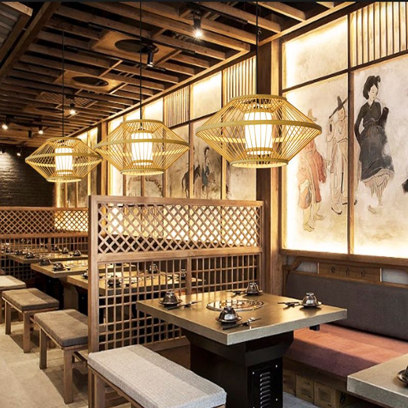 1-Light Bamboo Japanese Pendant Light Beige Down Lighting for Dining Room