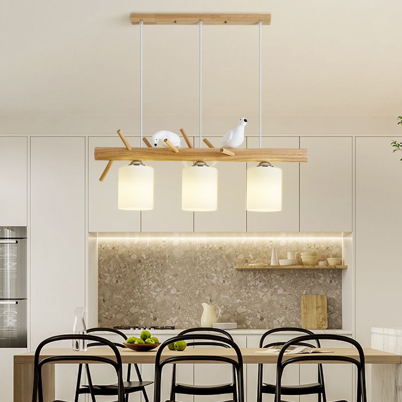 Modern Wood Pendant Light Cylinder Shape Island Light with Glass Shade for Bedroom