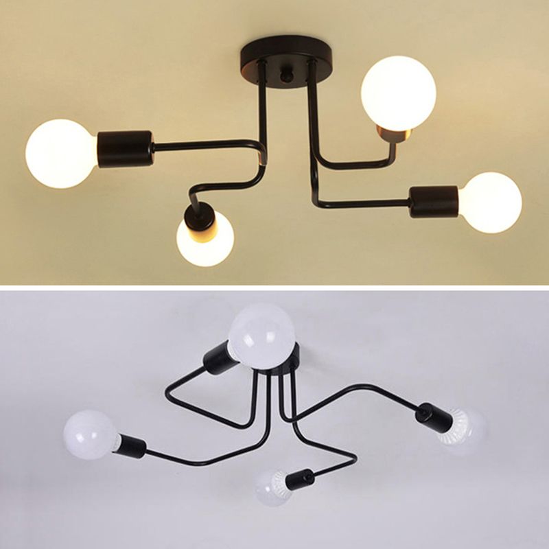 Black Bare Bulb Ceiling Lighting Retro Iron Angled Tangle Semi Flush Mount Lighting for Living Room