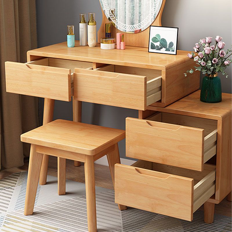 Scandinavian Rubberwood Vanity Table with Stool and 4 Drawers