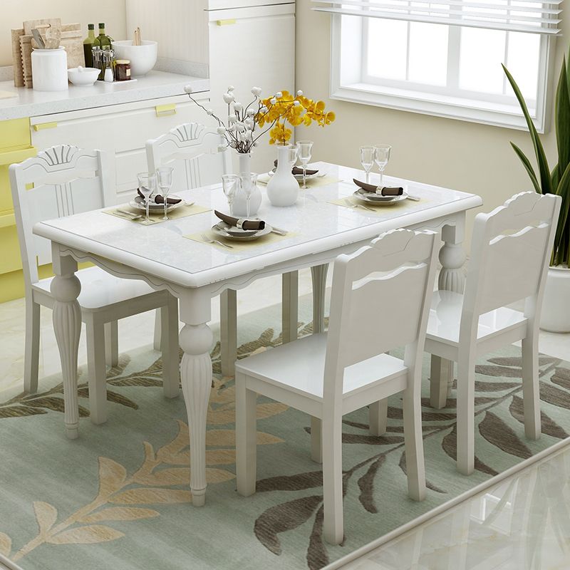 Modern White Rectangular Glass Top Dining Table with Solid Wood Legs