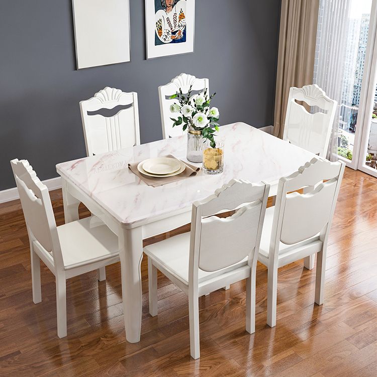 Victorian Style Marble Dining Set with White Fixed Table and 4 Legs Base