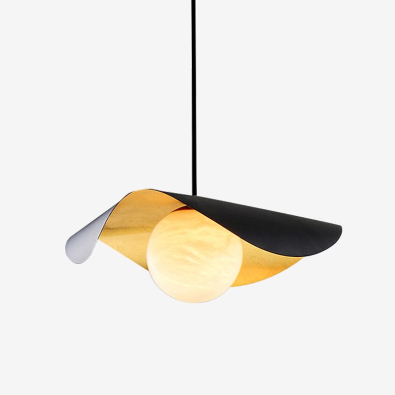 Black and Gold Inner Ruffle Pendant Postmodern 1 Bulb Faux Marble Hanging Light with Ball Glass Shade