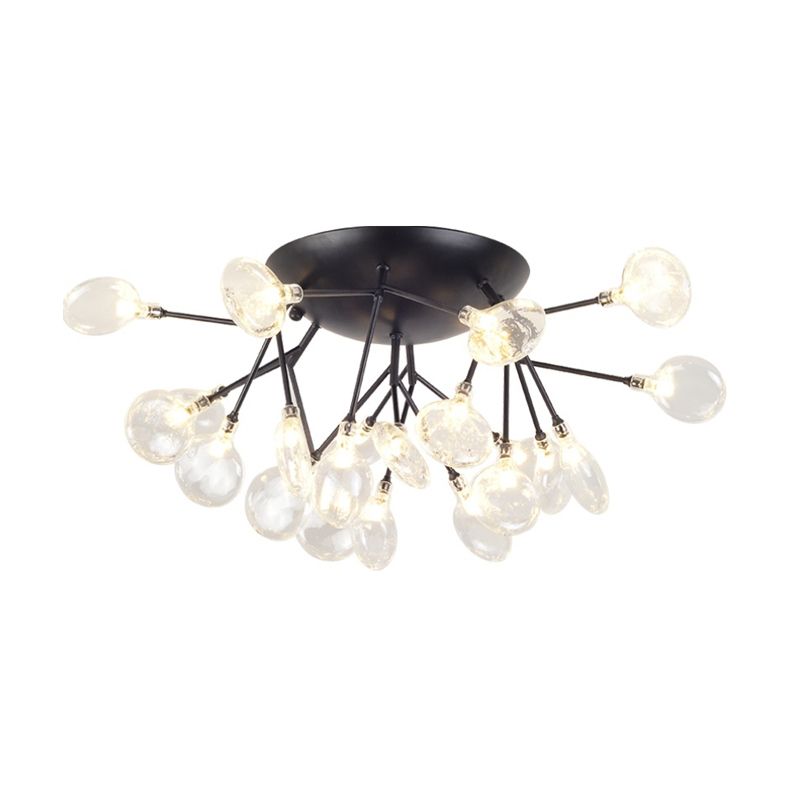 Clear Glass Branchlet LED Ceiling Flush Modern 21 Bulbs Black Semi Flush Mount Chandelier in Warm/White Light